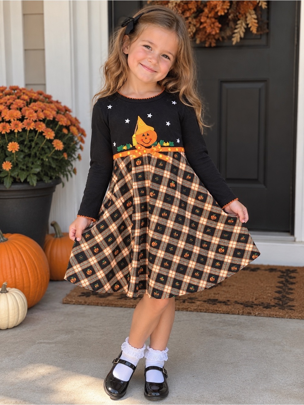 Bonnie Jean Black Tan Orange Plaid Pumpkin Star Patch Fit & Flare Dress Sz 6